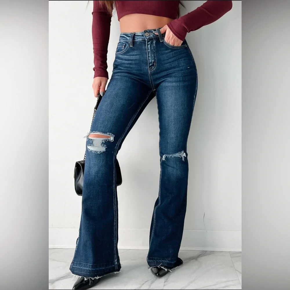 New KanCan Flare Jeans Dark Wash Side Slit High Rise Release Hem - Picture 1 of 6